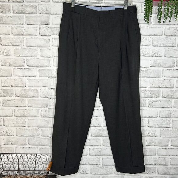 Lands End Traditional Fit Dark Gray Dress Pants Cuffed Size 32/28 Waist 32 Short - Picture 2 of 8